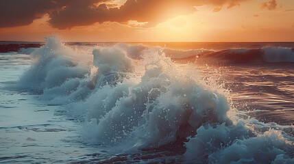 Wall Mural - Crashing waves during beautiful sunset over wild coastal landscape