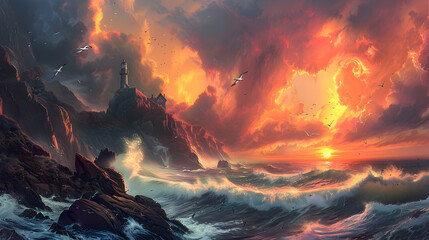 Wall Mural - Dramatic cliffs overlooking crashing waves under a fiery sky, with seagulls circling above and a lone lighthouse in the distance