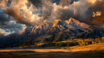 Wall Mural - Dramatic clouds illuminated by a setting autumn sun, casting long shadows on a rugged mountain range