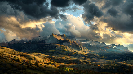 Wall Mural - Dramatic clouds illuminated by a setting autumn sun, casting long shadows on a rugged mountain range