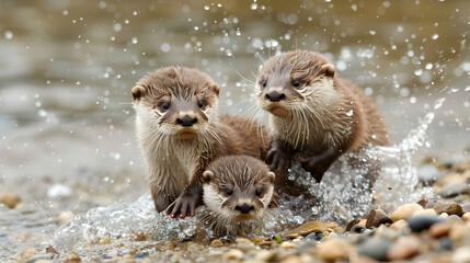 Energetic baby otters playing by lake. Playful pups splashing and cuddling on pebbled shore