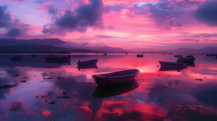 Wall Mural - Evening sky ablaze with hues of pink and purple, reflected in calm waters dotted with boats