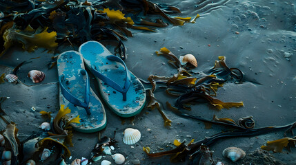 Wall Mural - Flip-flops abandoned by the shoreline, hinting at a carefree day spent beachcombing among scattered seashells and seaweed