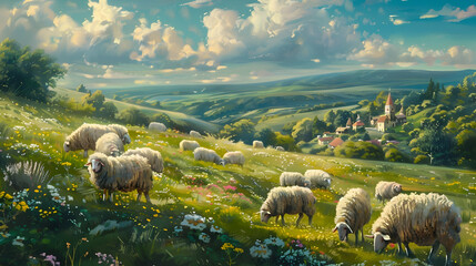 Wall Mural - Flock of sheep peacefully grazing on a rolling hillside, with a picturesque village and blooming wildflowers in the distance