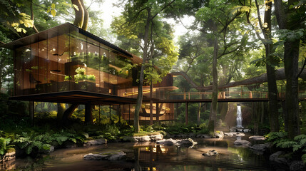 Wall Mural - Forest Sanctuary: Eco-Friendly Treehouse with Glass Walls, Canopy Walkway, and Natural Spring