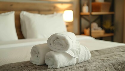 neat and clean Fresh towels on bed in hotel room