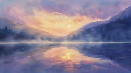 Wall Mural - Sunrise over a serene mountain lake, with mist rising from the water and the sky painted in soft pastels