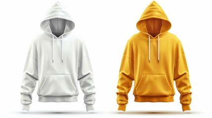 Realistic hoodie and hooded sweatshirt icons set in white and yellow colors isolated vector illustration