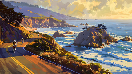 Wall Mural - yclists on a winding coastal road with ocean waves crashing against cliffs, basking in the golden light of a sunset