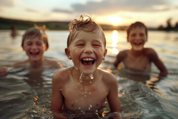 Canvas Print - In the summer swimming pool, the boy smiling at the camera