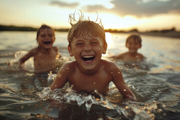 Canvas Print - In the summer swimming pool, the boy smiling at the camera