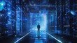 © Jeannaa - Silhouette of a person standing in a futuristic data center surrounded by glowing blue lights and holographic data projections.