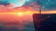 © CoreVisuals - Silhouette of a person standing on a cliff at sunset overlooking a sea of clouds, with vibrant, colorful sky in the background.