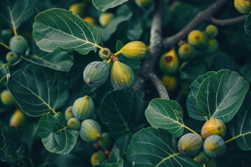 Close-up of fig fruit and green leaves on a tree branch, showcasing natural growth and vibrant colors.