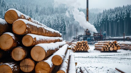 Wall Mural - Snow-Covered Logs in a Winter Forest with Industrial Logging Equipment in the Background