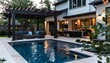 © RESTY - Backyard living space with outdoor furniture next to pool under a pergola