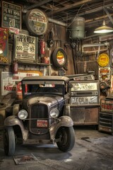 An old-fashioned garage with vintage signs and memorabilia on display, Generative AI