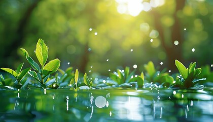 beautiful spring detailed close up stream of fresh water with young green plants horizontal banner springtime concept abstract outdoor wild nature background