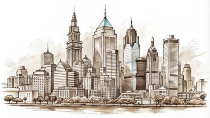 Ink sketch of the Philadelphia skyline, Philadelphia, skyline, cityscape, architecture, buildings, sketch