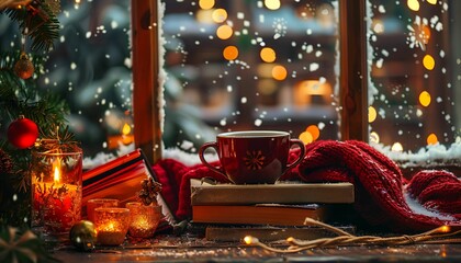 Christmas background. A cup of tea books a candle