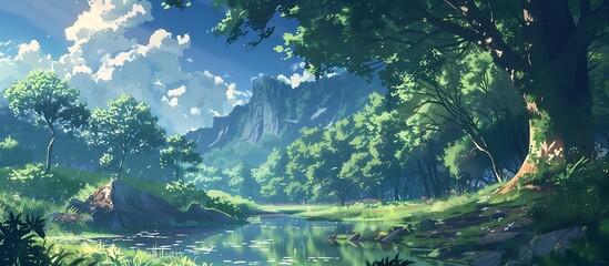 Scenic anime landscape with river, trees, and mountains