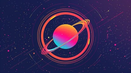 A vibrant, colorful, digital illustration of a planet with rings in a galaxy filled with stars and cosmic particles.