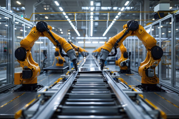 Wall Mural - Modern factory, robotic arm production assembly line