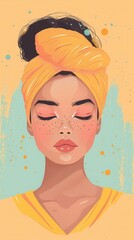 Colorful digital artwork of a serene woman with closed eyes, yellow turban, and abstract background. Bright, vibrant illustration.