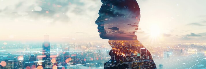 Wall Mural - Double exposure of a business executive with flowing data streams and urban landscapes, symbolizing the seamless integration of technology and business strategy