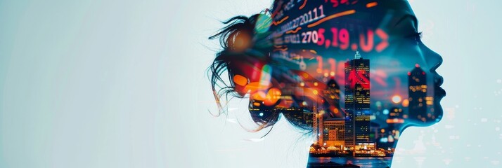 Wall Mural - Entrepreneurial spirit captured in double exposure, merging a businessperson's profile with vibrant stock market graphs and city skylines