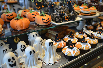 A display of Halloween-themed desserts featuring ghost-shaped cakes, jack-o'-lantern cupcakes, and spooky cookies. The delightful and creative confections capture the festive and playful spirit 