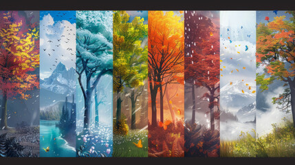 Wall Mural - Elements that reflect different seasons and weather conditions, like blooming flowers in spring, lush greenery in summer, colorful leaves in autumn, and snow-covered landscapes in winter. 