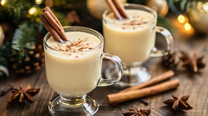 Eggnog traditional christmas egg vanilla rum alcohol drink liqueur preparation recipe in two glass cups with cinnamon sticks on wooden vintage table