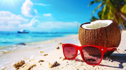 Fresh coconut cocktail and red sunglasses on tropical beach