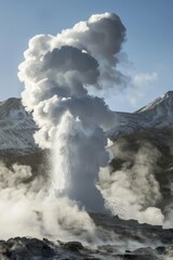 Wall Mural - A powerful geyser erupting against a backdrop of rugged mountains, sending a plume of steam and water high into the sky, Generative AI