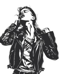 Dynamic black and white illustration of a person in a leather jacket expressing intense emotion.