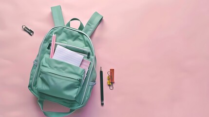 Green backpack with stationery on pastel pink background, top view, copy space for back to school banner. Flat lay, light photo studio, soft light.