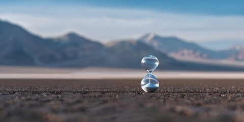 Wall Mural - Hourglass in Desert A Panoramic Symbol of Climate Change. Concept Climate Change, Desert Landscapes, Hourglass Symbolism, Panoramic Photography, Environmental Issues