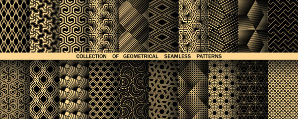 Canvas Print - Geometric set of seamless black and golden patterns. Simple vector graphics