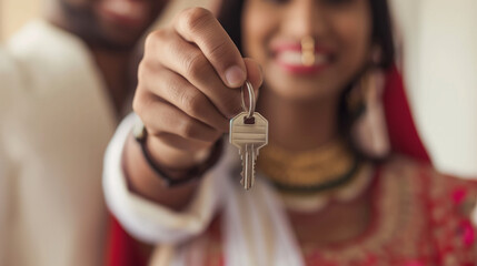 Wall Mural - House key concept image Indian couple buying a house, real estate, family, happiness