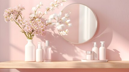 Wall Mural - Soft pink light bathroom decor for advertising, design, cover. Cosmetic set on light dressing table. Beautiful flowers in a vase on a pink wall background, mirror on a wooden shelf. mock up