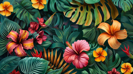 Wall Mural - Tropical green leaves, exotic plants, and colorful flowers create a lush botanical backdrop. Perfect for cards, invitations, or any project needing a touch of the tropics.