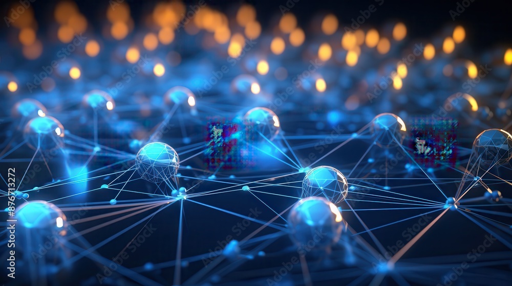 3D-rendered network grid with nodes and connections, ideal for ...