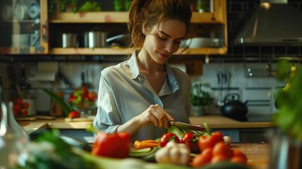 Wall Mural - Beautiful woman is cutting vegetables in the modern kitchen. Image of woman cooking at kitchen.