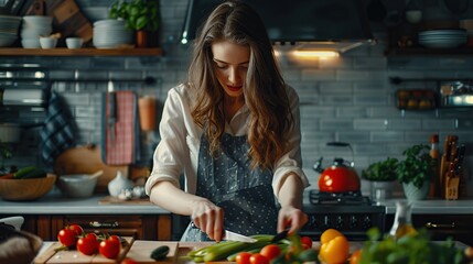 Sticker - Beautiful woman is cutting vegetables in the modern kitchen. Image of woman cooking at kitchen.