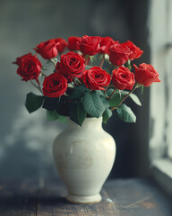 Wall Mural - a bouquet of red roses in a white vase on the table, Ai generated Images