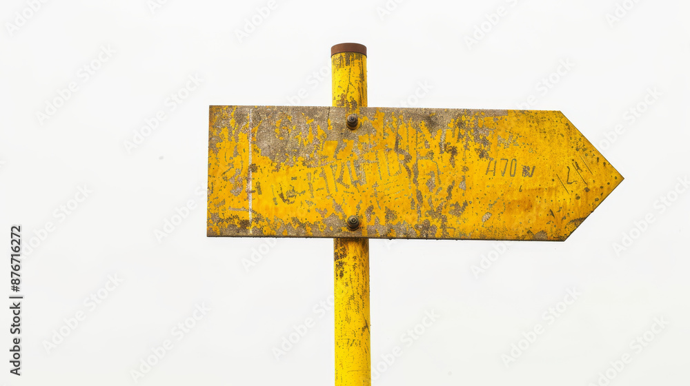 Yellow road sign with an arrow shape on a white background. The metal ...