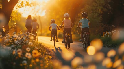 A close-up view from behind of a cheerful family riding bicycles at sunset, children laughing as they pedal, parents smiling and guiding them, warm sunlight streaming through the t