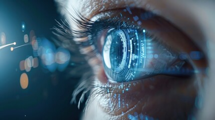 Closeup of a human eye with futuristic digital technology, secure vision, biometric identification, advanced science, data scan for better eyesight and protection