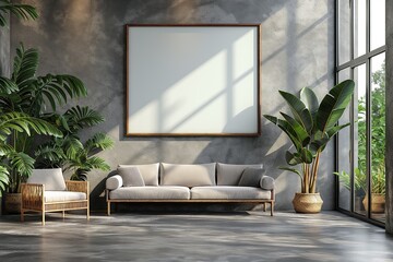 empty two blank flame art hanging on wall in minimal raw concrete wall style decorated with houseplants pot with light and shadow play, idea for mock up design